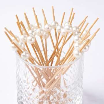 PuTwo Elegant Bamboo Cocktail Picks 4.7" with Pearls - 100 Count