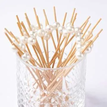 PuTwo Elegant Bamboo Cocktail Picks 4.7" with Pearls - 100 Count