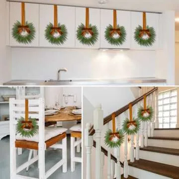 Dingion 8 Pcs 9.8" Small Christmas Cabinets Wreaths Mini Wreaths for Kitchen Window Chair Backs with Ribbon Bell Artificial Greenery Christmas Wreaths for Farmhouse Holiday Decoration(Brown)