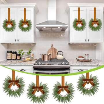 Dingion 8 Pcs 9.8" Small Christmas Cabinets Wreaths Mini Wreaths for Kitchen Window Chair Backs with Ribbon Bell Artificial Greenery Christmas Wreaths for Farmhouse Holiday Decoration(Brown)