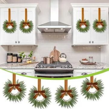 Dingion 8 Pcs 9.8" Small Christmas Cabinets Wreaths Mini Wreaths for Kitchen Window Chair Backs with Ribbon Bell Artificial Greenery Christmas Wreaths for Farmhouse Holiday Decoration(Brown)
