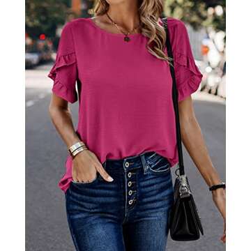 PRETTYGARDEN Women's Shirts Summer Casual Crewneck Lace Crochet Short Sleeve Blouses Cute Floral Print Loose Tunic Tops(Solid Rose Red,XX-Large)