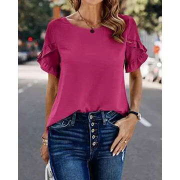 PRETTYGARDEN Women's Shirts Summer Casual Crewneck Lace Crochet Short Sleeve Blouses Cute Floral Print Loose Tunic Tops(Solid Rose Red,XX-Large)