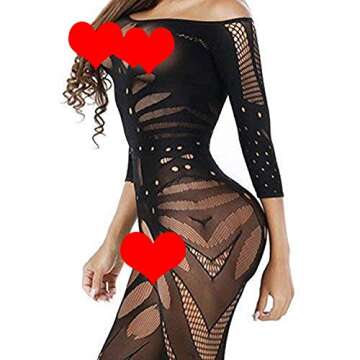 Upower Sexy Erotic Sleeved Fishnet Lingerie Babydoll Teddy Body Catsuit Stocking Hen Party (Black)