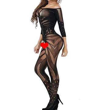 Upower Sexy Erotic Sleeved Fishnet Lingerie Babydoll Teddy Body Catsuit Stocking Hen Party (Black)