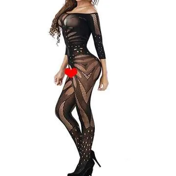 Upower Sexy Erotic Sleeved Fishnet Lingerie Babydoll Teddy Body Catsuit Stocking Hen Party (Black)