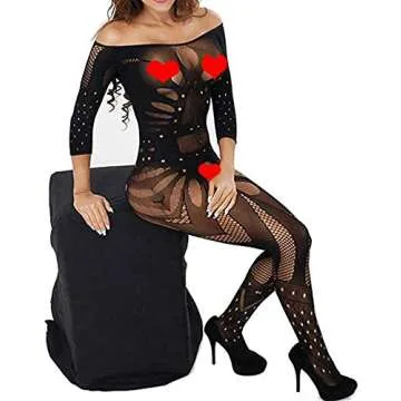 Upower Sexy Erotic Sleeved Fishnet Lingerie Babydoll Teddy Body Catsuit Stocking Hen Party (Black)
