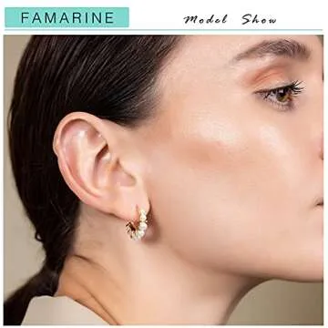 FAMARINE Pearl Hoop Earrings for Women 14K Gold Plated Cute Dainty Hoop Earrings Jewelry