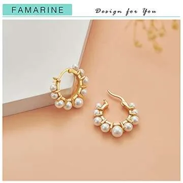 FAMARINE Pearl Hoop Earrings for Women 14K Gold Plated Cute Dainty Hoop Earrings Jewelry