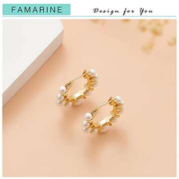 FAMARINE Pearl Hoop Earrings for Women 14K Gold Plated Cute Dainty Hoop Earrings Jewelry