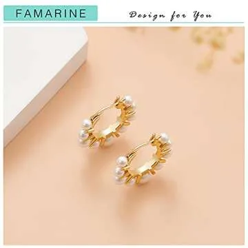 FAMARINE Pearl Hoop Earrings for Women 14K Gold Plated Cute Dainty Hoop Earrings Jewelry