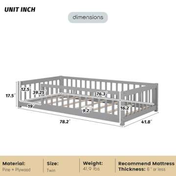 Twin Size Floor Bed for Kids Montessori Bed Frame with Fence Railings & Support Slats, Wooden Playhouse Beds for Boys Girls, No Box Spring Needed, Gray