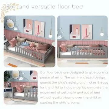 Twin Size Floor Bed for Kids Montessori Bed Frame with Fence Railings & Support Slats, Wooden Playhouse Beds for Boys Girls, No Box Spring Needed, Gray