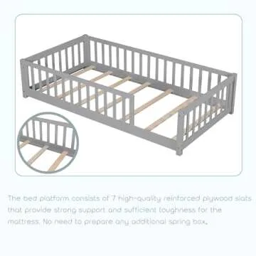 Twin Size Floor Bed for Kids Montessori Bed Frame with Fence Railings & Support Slats, Wooden Playhouse Beds for Boys Girls, No Box Spring Needed, Gray