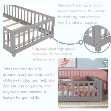 Twin Size Floor Bed for Kids Montessori Bed Frame with Fence Railings & Support Slats, Wooden Playhouse Beds for Boys Girls, No Box Spring Needed, Gray