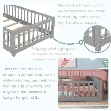 Twin Size Floor Bed for Kids Montessori Bed Frame with Fence Railings & Support Slats, Wooden Playhouse Beds for Boys Girls, No Box Spring Needed, Gray