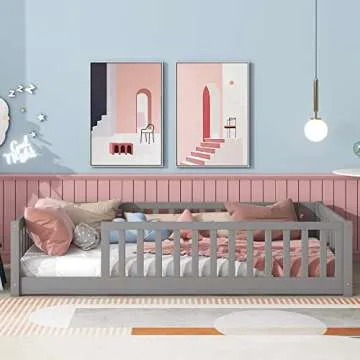 Twin Size Floor Bed for Kids Montessori Bed Frame with Fence Railings & Support Slats, Wooden Playhouse Beds for Boys Girls, No Box Spring Needed, Gray