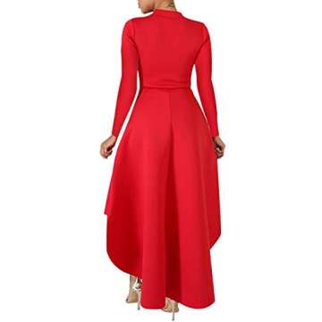 Lrady Women Ruffle High Low Asymmetrical Long Sleeve Peplum Tops Blouse Shirt Dress, Red, Medium
