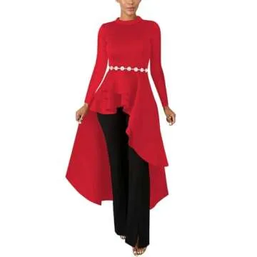 Lrady Women Ruffle High Low Asymmetrical Long Sleeve Peplum Tops Blouse Shirt Dress, Red, Medium