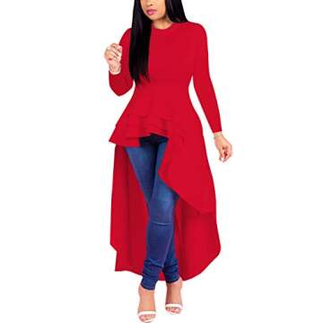 Lrady Women Ruffle High Low Asymmetrical Long Sleeve Peplum Tops Blouse Shirt Dress, Red, Medium