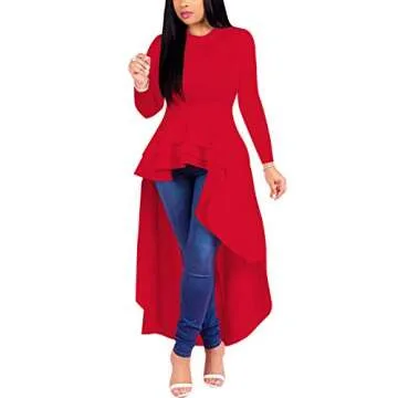 Lrady Women Ruffle High Low Asymmetrical Long Sleeve Peplum Tops Blouse Shirt Dress, Red, Medium