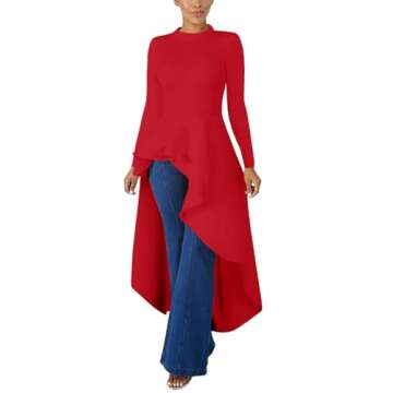 Lrady Women Ruffle High Low Asymmetrical Long Sleeve Peplum Tops Blouse Shirt Dress, Red, Medium