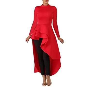 Lrady Women Ruffle High Low Asymmetrical Long Sleeve Peplum Tops Blouse Shirt Dress, Red, Medium