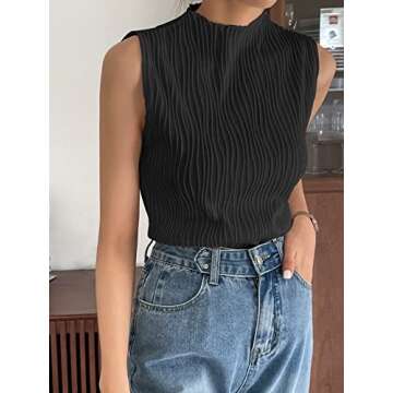 LovelyWholesale Womens Sleeveless Mock Neck Tank Top Summer Textured Blouse Shirt Black Medium