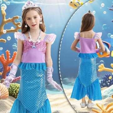 Luzlen Little Girls Mermaid Princess Costume Sequins Party Dress for Toddler Kids Baby Halloween Dress Up with Accessories