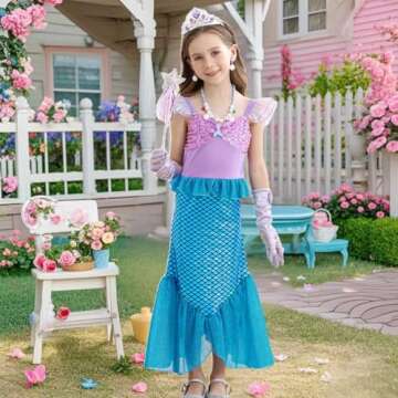 Luzlen Little Girls Mermaid Princess Costume Sequins Party Dress for Toddler Kids Baby Halloween Dress Up with Accessories