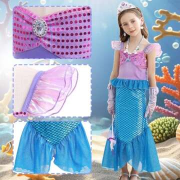 Luzlen Little Girls Mermaid Princess Costume Sequins Party Dress for Toddler Kids Baby Halloween Dress Up with Accessories