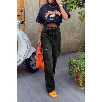 Cicy Bell Womens High Waisted Baggy Jeans Side Cut Out Wide Leg Stretchy Trendy Denim Pants with Pockets Black