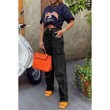 Cicy Bell Womens High Waisted Baggy Jeans Side Cut Out Wide Leg Stretchy Trendy Denim Pants with Pockets Black