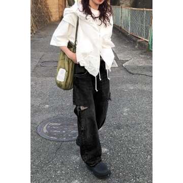 Cicy Bell Womens High Waisted Baggy Jeans Side Cut Out Wide Leg Stretchy Trendy Denim Pants with Pockets Black