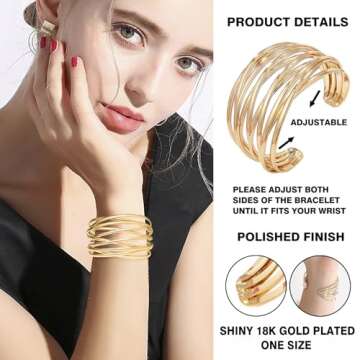 SELFWIMG Gold Cuff Bangle Bracelet for Women Trendy 18K Gold Plated Multi-layer Wire Warp Bangle Bra...