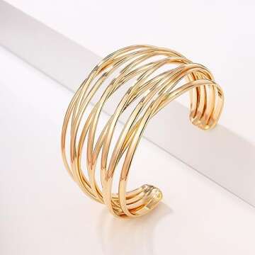 SELFWIMG Gold Cuff Bangle Bracelet for Women Trendy 18K Gold Plated Multi-layer Wire Warp Bangle Bracelet Adjustable Wide Open Chunky Cuff Bracelets Boho Twisted Wrist Jewelry Gifts