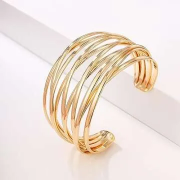 SELFWIMG Gold Cuff Bangle Bracelet for Women Trendy 18K Gold Plated Multi-layer Wire Warp Bangle Bracelet Adjustable Wide Open Chunky Cuff Bracelets Boho Twisted Wrist Jewelry Gifts