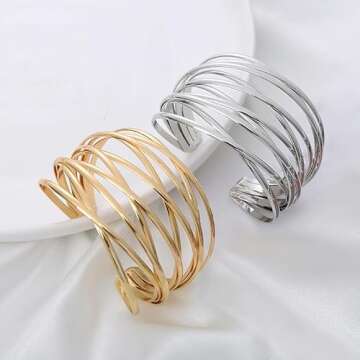 SELFWIMG Gold Cuff Bangle Bracelet for Women Trendy 18K Gold Plated Multi-layer Wire Warp Bangle Bracelet Adjustable Wide Open Chunky Cuff Bracelets Boho Twisted Wrist Jewelry Gifts
