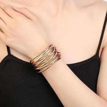 SELFWIMG Gold Cuff Bangle Bracelet for Women Trendy 18K Gold Plated Multi-layer Wire Warp Bangle Bracelet Adjustable Wide Open Chunky Cuff Bracelets Boho Twisted Wrist Jewelry Gifts