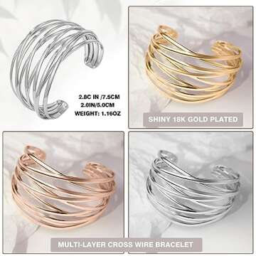 SELFWIMG Gold Cuff Bangle Bracelet for Women Trendy 18K Gold Plated Multi-layer Wire Warp Bangle Bracelet Adjustable Wide Open Chunky Cuff Bracelets Boho Twisted Wrist Jewelry Gifts