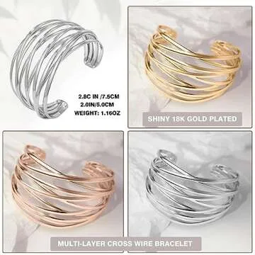 SELFWIMG Gold Cuff Bangle Bracelet for Women Trendy 18K Gold Plated Multi-layer Wire Warp Bangle Bracelet Adjustable Wide Open Chunky Cuff Bracelets Boho Twisted Wrist Jewelry Gifts
