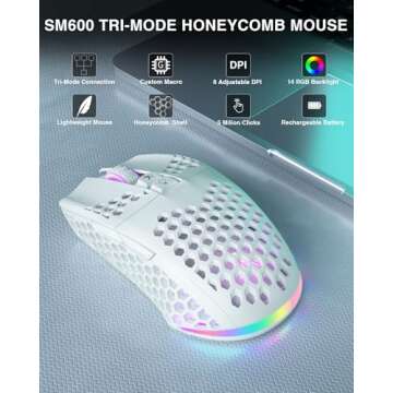 SOLAKAKA SM600 White Wireless Gaming Mouse,8000 DPI Tri-Modes BT5.1/Type-C Wired/2.4G Wireless Mouse...