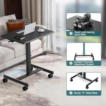 SMUG Mobile Small Rolling Desk - Adjustable Height Standing Table with Wheels, Portable Workstation Rolling Laptop Computer Cart for Small Spaces, Home, Office, Classroom