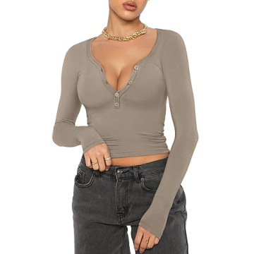 REORIA Women Fall Sexy Long Sleeve Henley T-Shirts for Stylish Layering