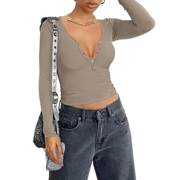 REORIA Women Sexy Long Sleeve Henley T-Shirt for Fall