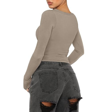 REORIA Women Sexy Long Sleeve Henley T-Shirt for Fall