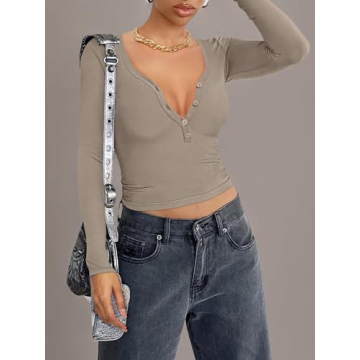 REORIA Women Sexy Long Sleeve Henley T-Shirt for Fall