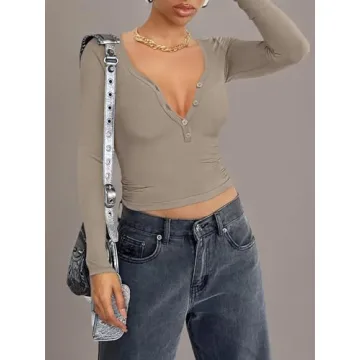 REORIA Women Sexy Long Sleeve Henley T-Shirt for Fall