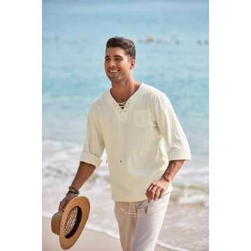 COOFANDY Men Linen Beach Tshirt Lace Up V Neck Shirts Renaissance Vintage Shirts