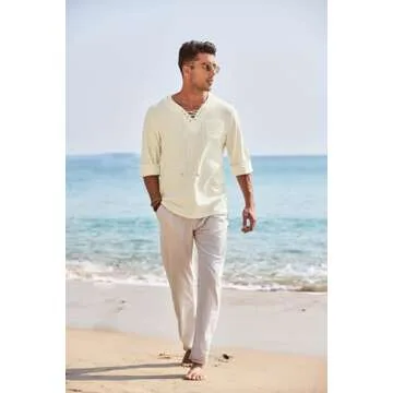 COOFANDY Men Linen Beach Tshirt Lace Up V Neck Shirts Renaissance Vintage Shirts